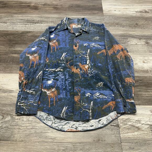 Vintage 60s 70s Fruit Of The Loom‎ Deer Blue Mens L Hunting Button Shirt Novelty - Picture 2 of 8